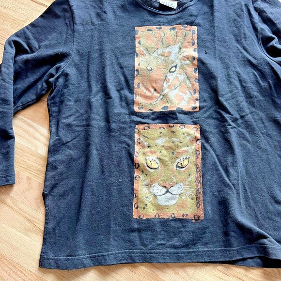 90s cat lovers long sleeve tee grandmacore leopard print top Large blouse black‎ - Picture 2 of 5